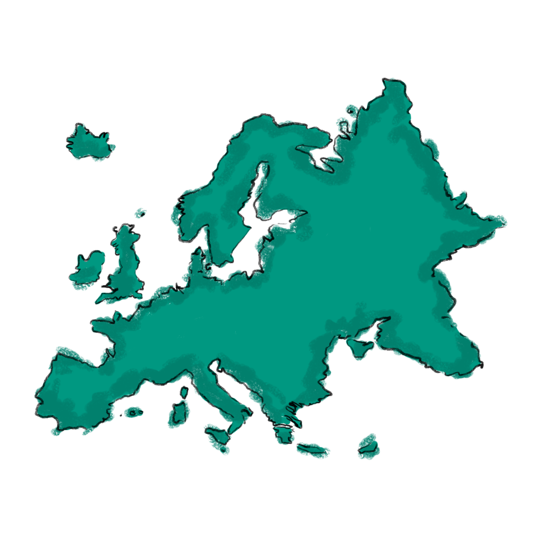 Map of Europe in teal color on a white background