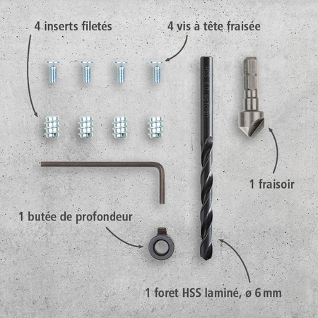 Repair Set for Cup Hinge – Cabinet Side, 11 Pcs. (fr)