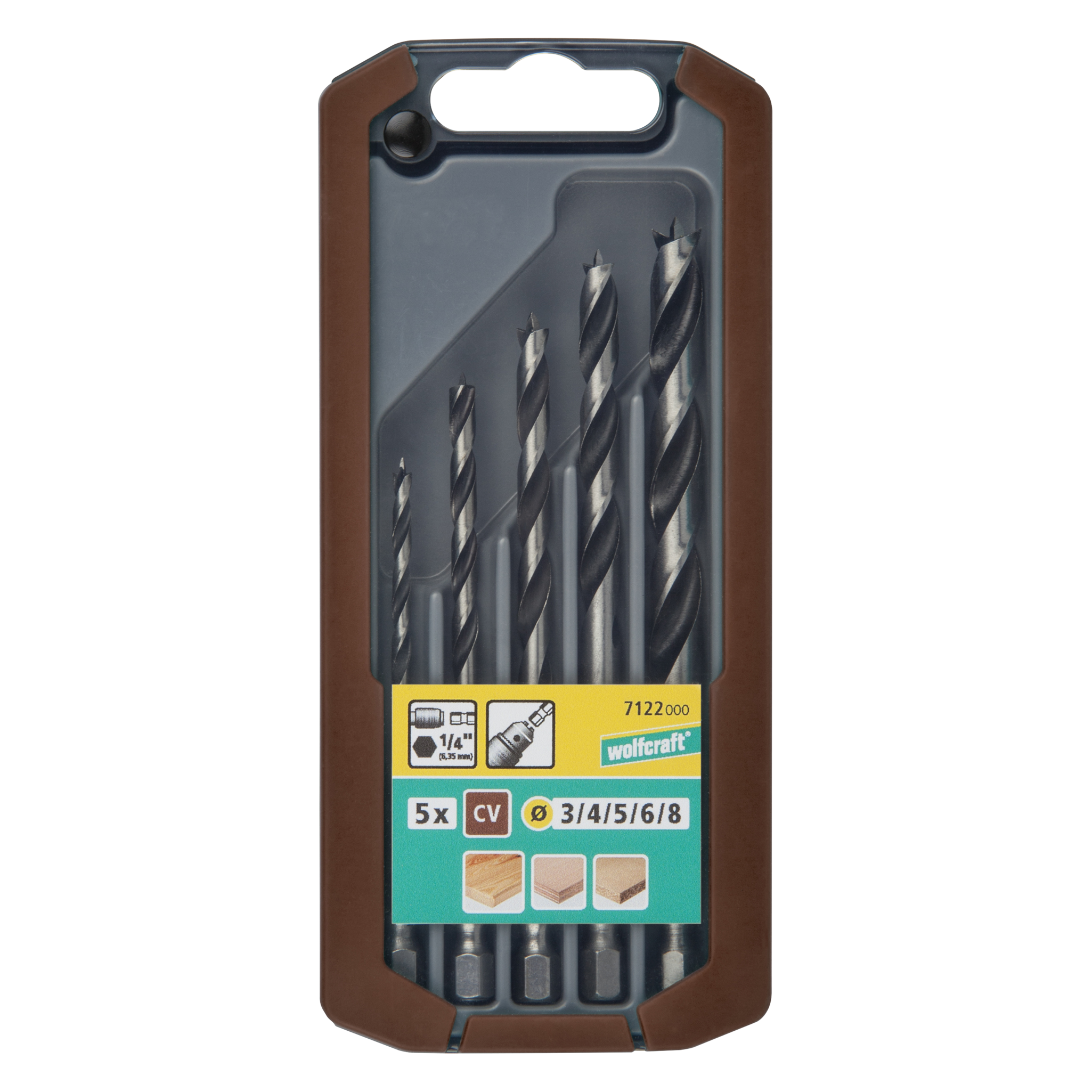 CV Wood Twist Drill Bit Set, Hexagon Shank, Ø 3–8 mm, 5 Pcs.