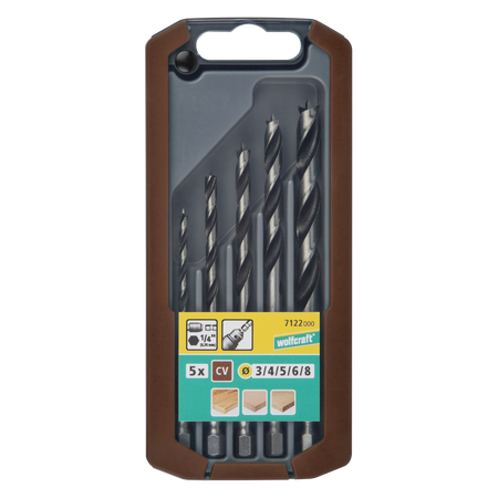 CV Wood Twist Drill Bit Set, Hexagon Shank, Ø 3–8 mm, 5 Pcs.