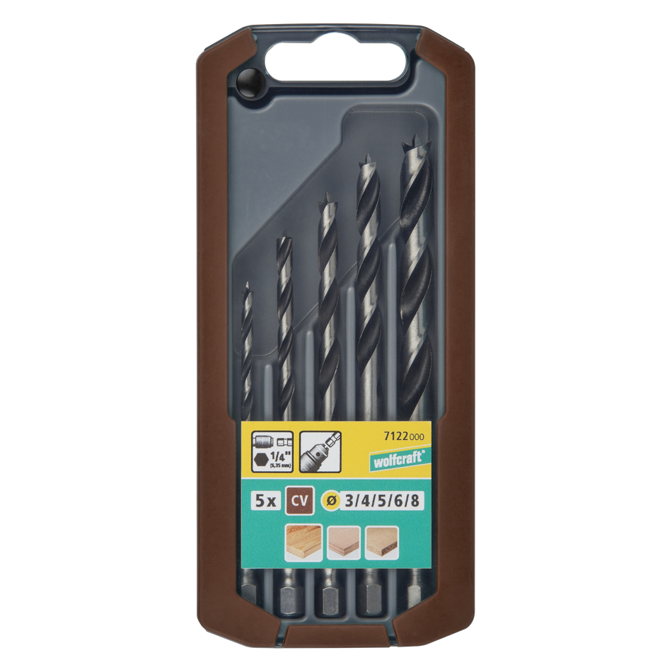 CV Wood Twist Drill Bit Set, Hexagon Shank, Ø 3–8 mm, 5 Pcs.