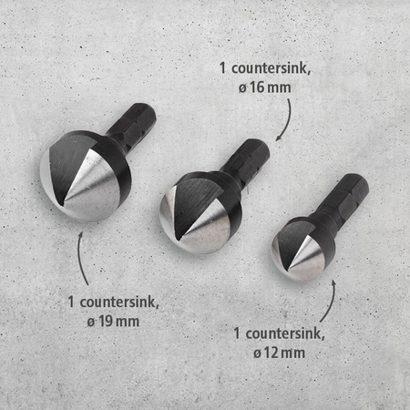 Tool Steel Countersink Set 3 Pcs., Hexagon Shank (en)
