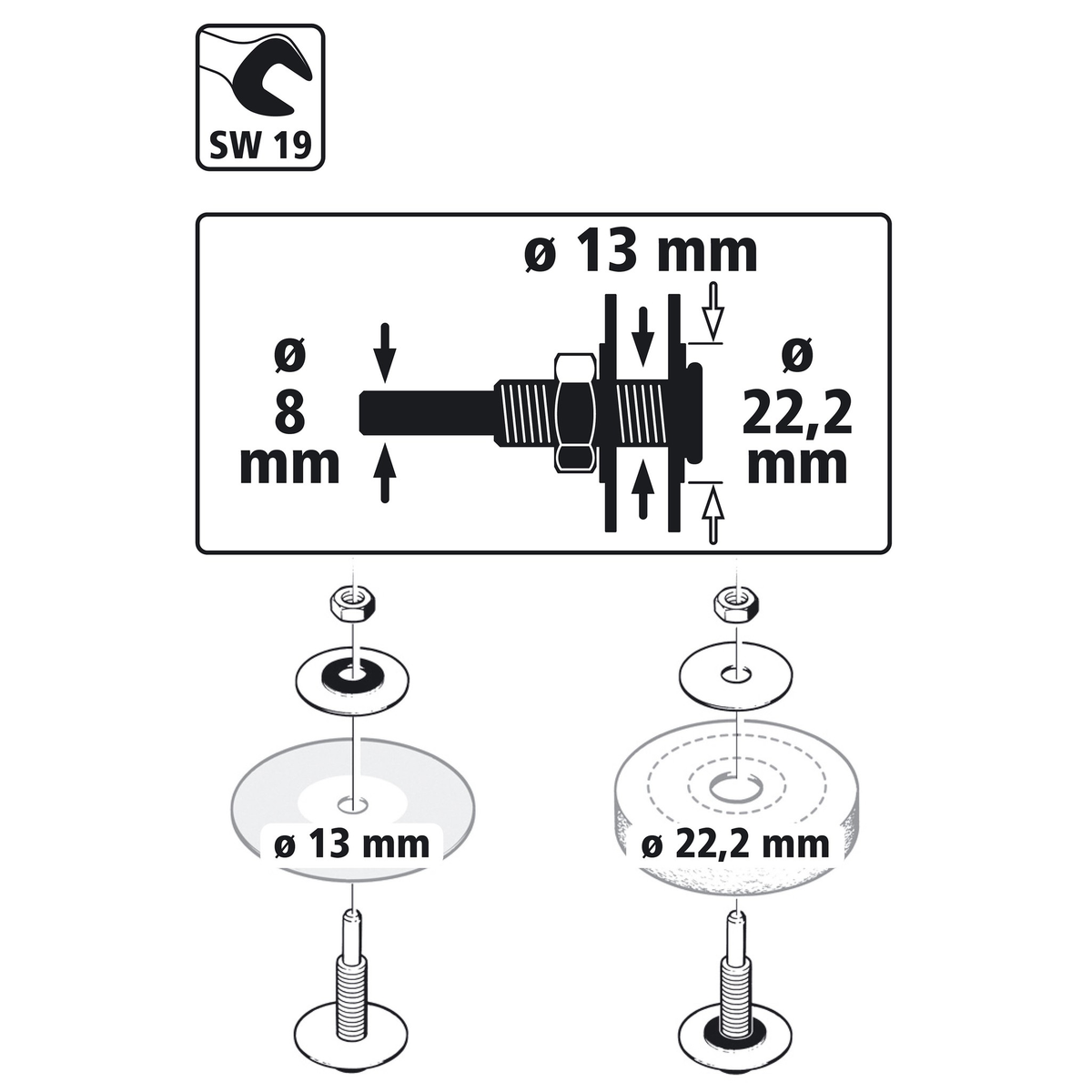 Mandrel for Ø 22.2 and 13 mm bore