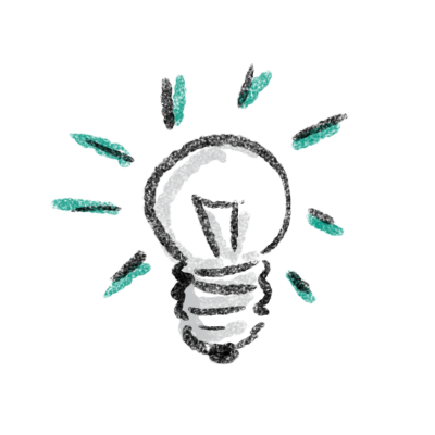 Illustration of a light bulb with turquoise bursts on a white background